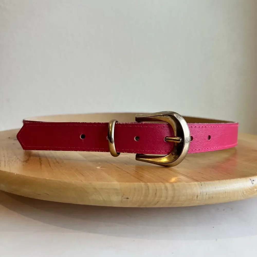 Vintage 90s Pink Vegan Leather Gold Silver Buckle Belt Size Small